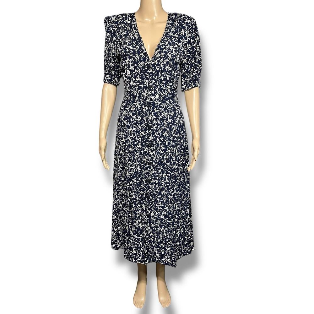 Express Vintage 90s Navy Floral Button Front Midi Shirt Dress Womens Size 10 - Picture 2 of 12